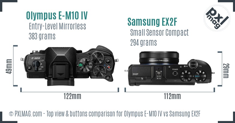 Olympus E-M10 IV vs Samsung EX2F top view buttons comparison