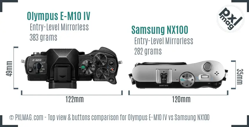 Olympus E-M10 IV vs Samsung NX100 top view buttons comparison