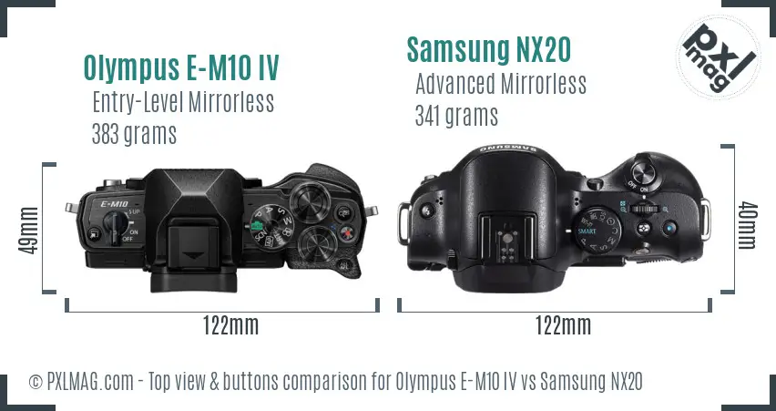 Olympus E-M10 IV vs Samsung NX20 top view buttons comparison