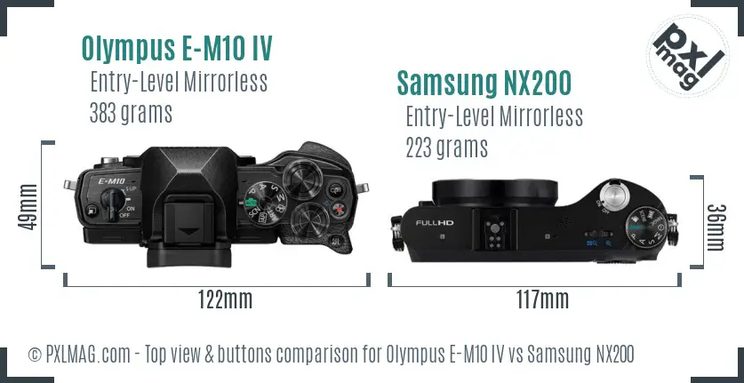 Olympus E-M10 IV vs Samsung NX200 top view buttons comparison