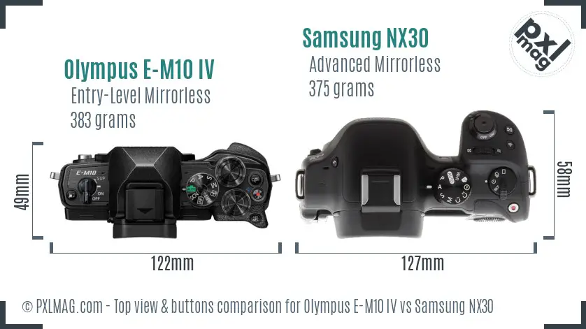 Olympus E-M10 IV vs Samsung NX30 top view buttons comparison