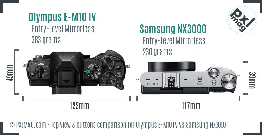 Olympus E-M10 IV vs Samsung NX3000 top view buttons comparison