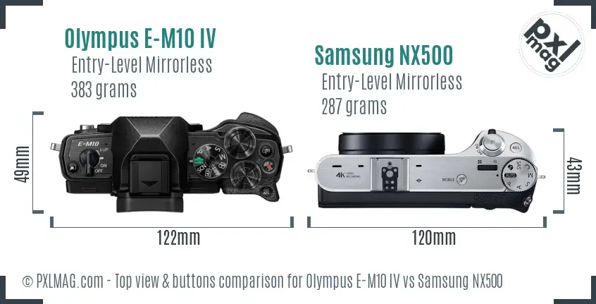 Olympus E-M10 IV vs Samsung NX500 top view buttons comparison Olympus E-M10 IV vs Samsung NX500 top view buttons comparison