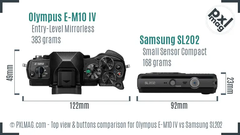 Olympus E-M10 IV vs Samsung SL202 top view buttons comparison