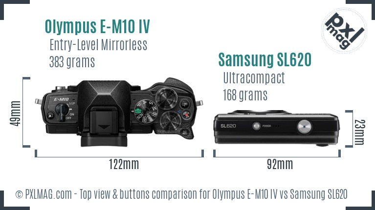 Olympus E-M10 IV vs Samsung SL620 top view buttons comparison
