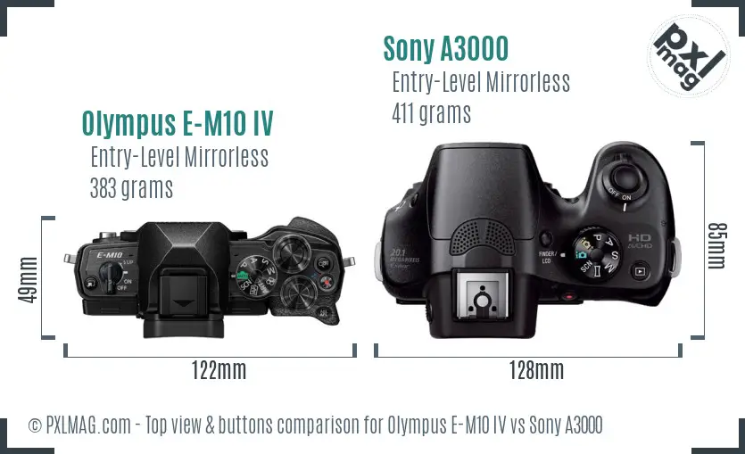 Olympus E-M10 IV vs Sony A3000 top view buttons comparison