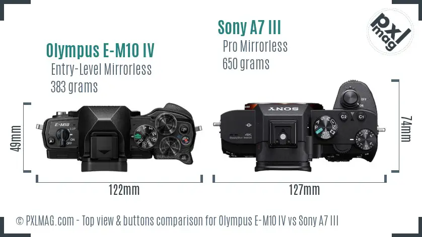 Olympus E-M10 IV vs Sony A7 III top view buttons comparison