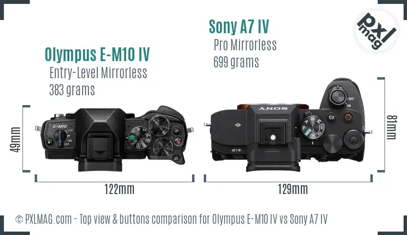 Olympus E-M10 IV vs Sony A7 IV top view buttons comparison