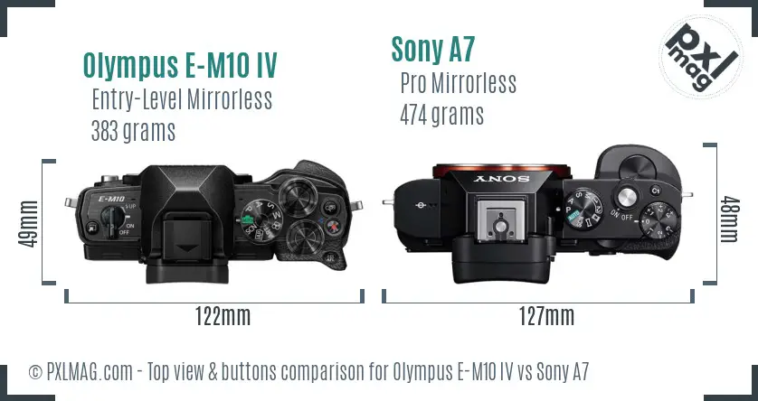 Olympus E-M10 IV vs Sony A7 top view buttons comparison