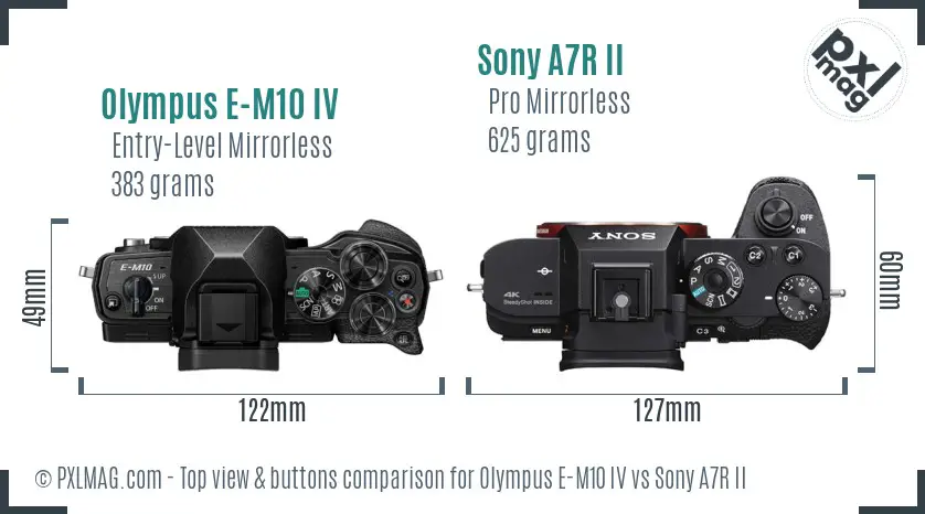 Olympus E-M10 IV vs Sony A7R II top view buttons comparison