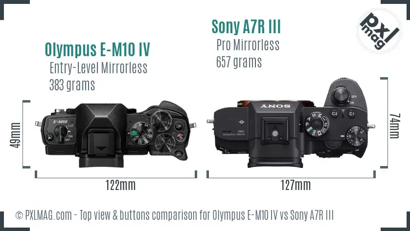 Olympus E-M10 IV vs Sony A7R III top view buttons comparison