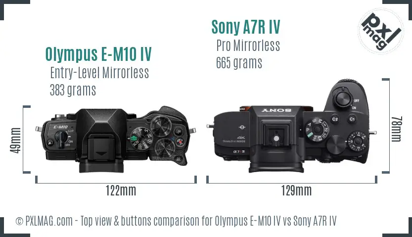 Olympus E-M10 IV vs Sony A7R IV top view buttons comparison