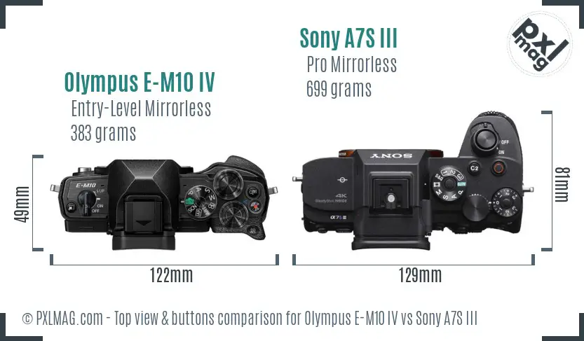 Olympus E-M10 IV vs Sony A7S III top view buttons comparison Olympus E-M10 IV vs Sony A7S III top view buttons comparison