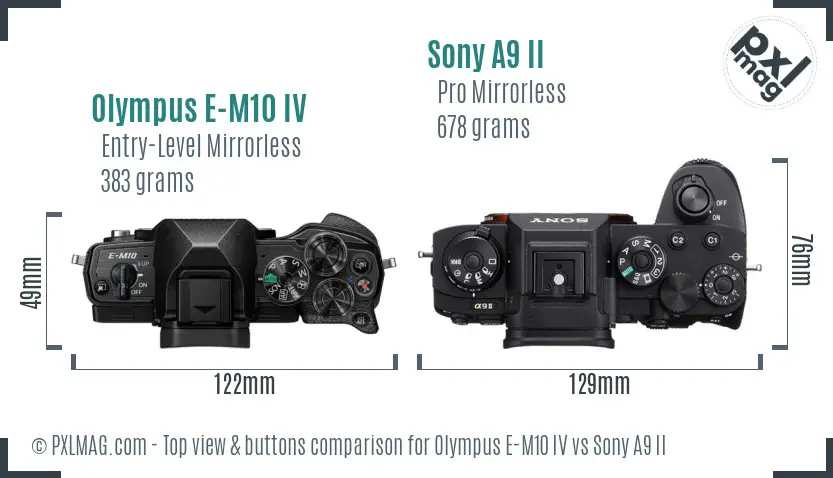 Olympus E-M10 IV vs Sony A9 II top view buttons comparison