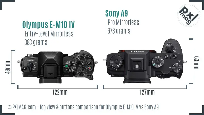 Olympus E-M10 IV vs Sony A9 top view buttons comparison