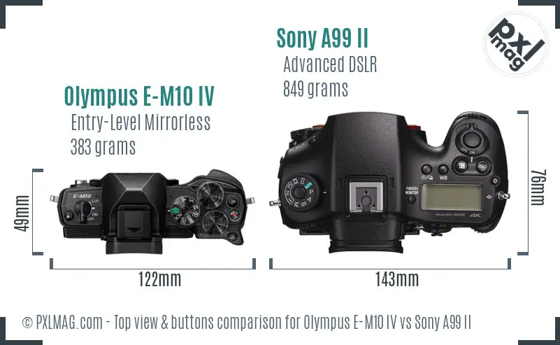 Olympus E-M10 IV vs Sony A99 II top view buttons comparison