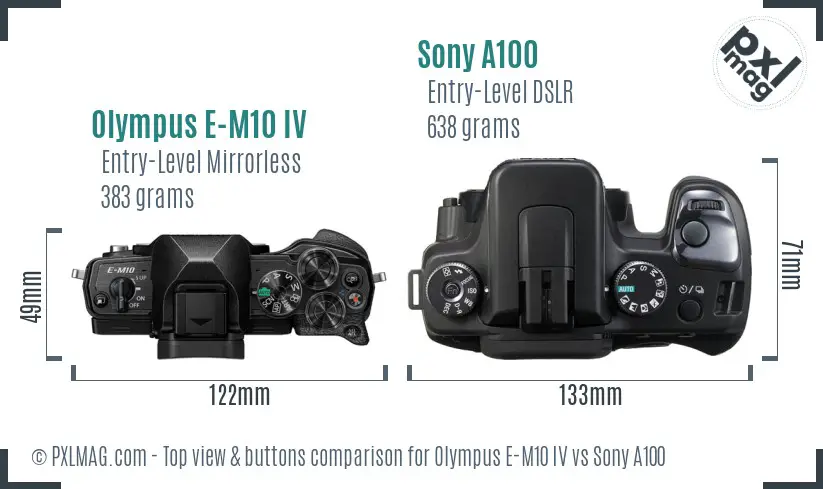 Olympus E-M10 IV vs Sony A100 top view buttons comparison
