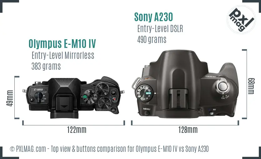 Olympus E-M10 IV vs Sony A230 top view buttons comparison