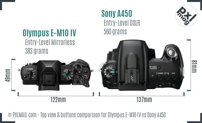 Olympus E-M10 IV vs Sony A450 top view buttons comparison