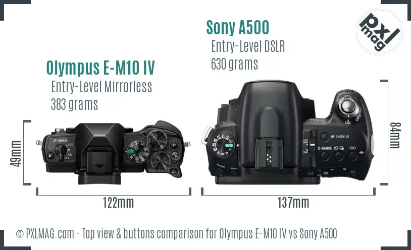 Olympus E-M10 IV vs Sony A500 top view buttons comparison