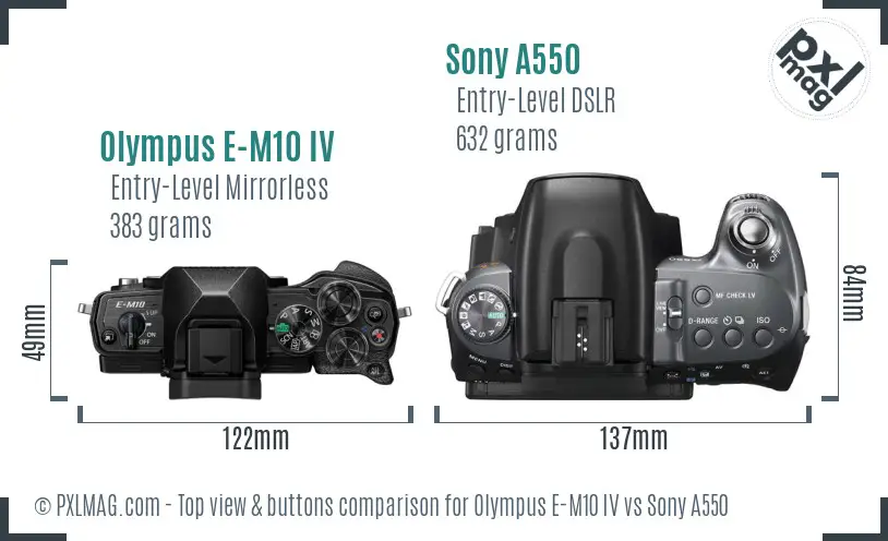 Olympus E-M10 IV vs Sony A550 top view buttons comparison