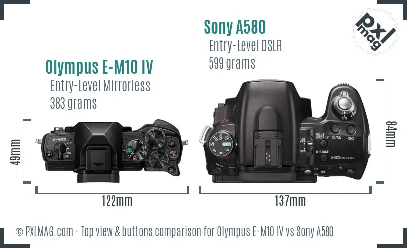 Olympus E-M10 IV vs Sony A580 top view buttons comparison