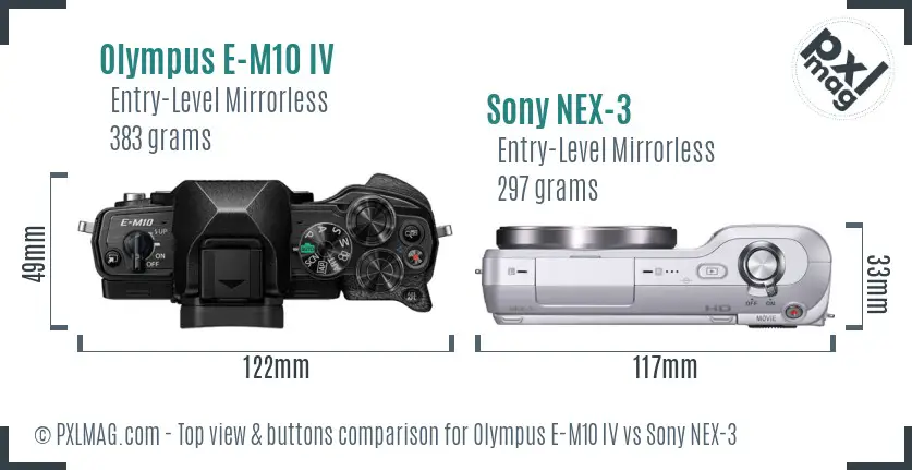 Olympus E-M10 IV vs Sony NEX-3 top view buttons comparison