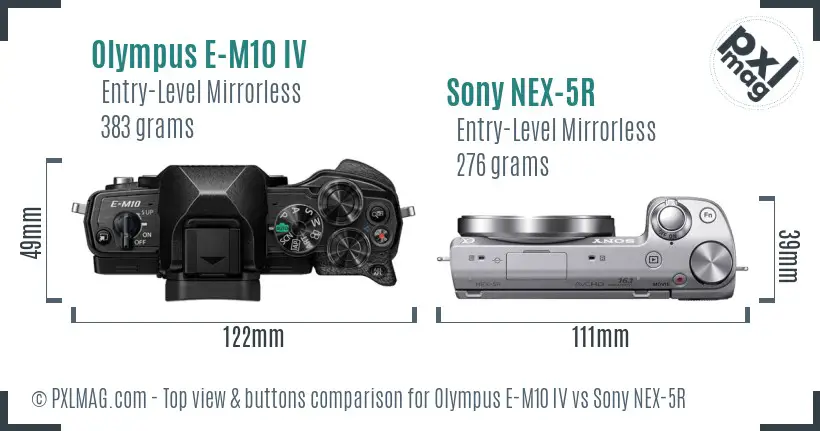 Olympus E-M10 IV vs Sony NEX-5R top view buttons comparison