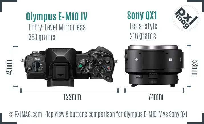 Olympus E-M10 IV vs Sony QX1 top view buttons comparison