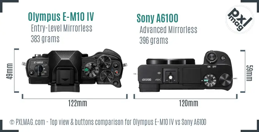 Olympus E-M10 IV vs Sony A6100 top view buttons comparison Olympus E-M10 IV vs Sony A6100 top view buttons comparison
