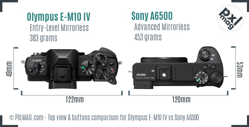 Olympus E-M10 IV vs Sony A6500 top view buttons comparison