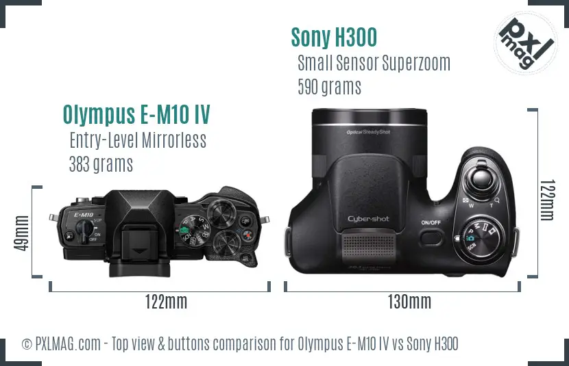Olympus E-M10 IV vs Sony H300 top view buttons comparison