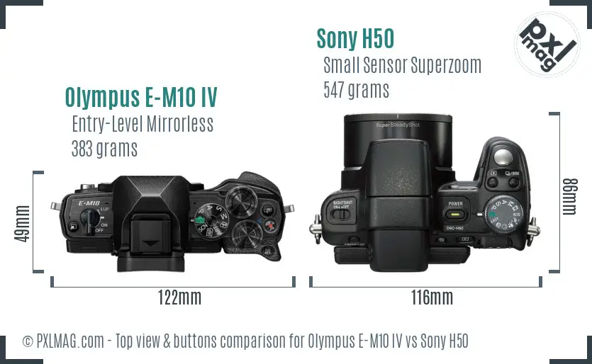 Olympus E-M10 IV vs Sony H50 top view buttons comparison
