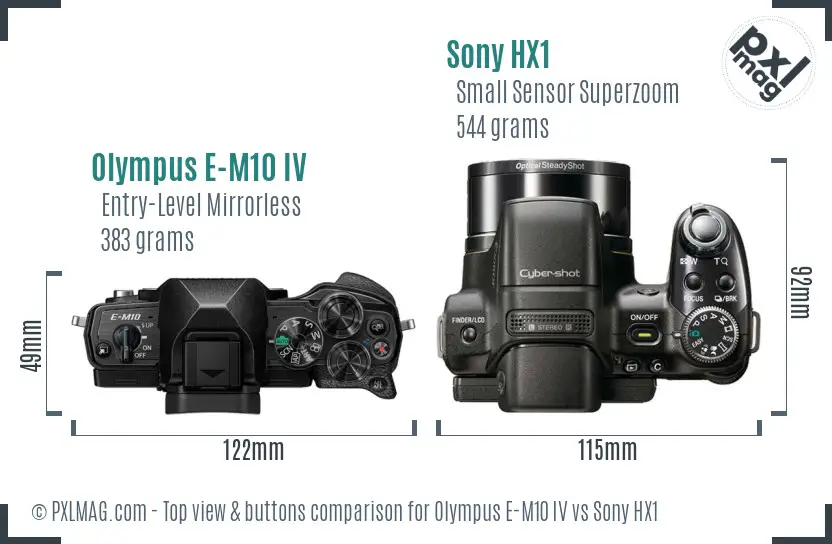 Olympus E-M10 IV vs Sony HX1 top view buttons comparison
