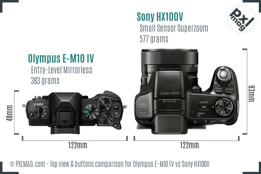 Olympus E-M10 IV vs Sony HX100V top view buttons comparison
