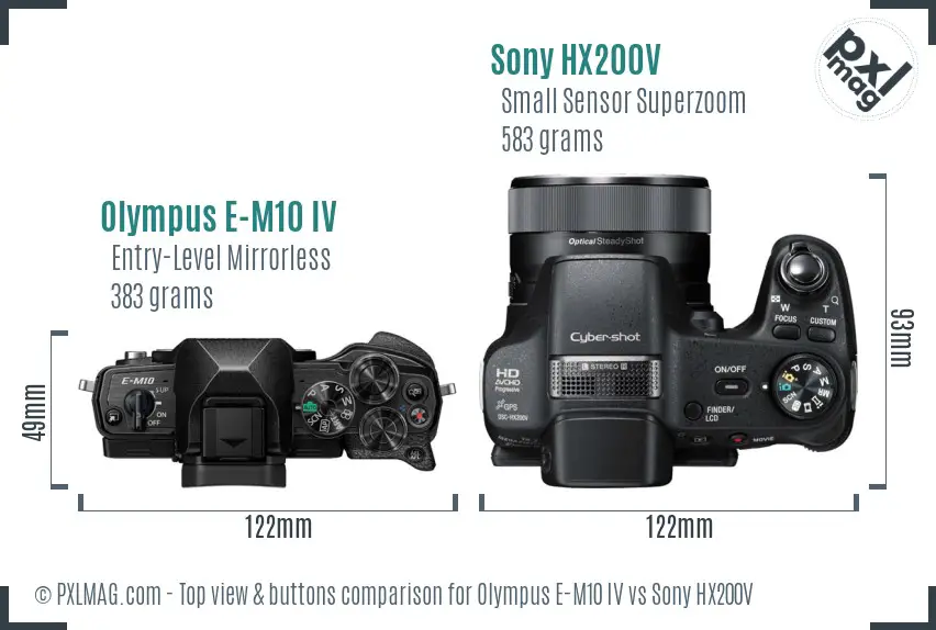 Olympus E-M10 IV vs Sony HX200V top view buttons comparison