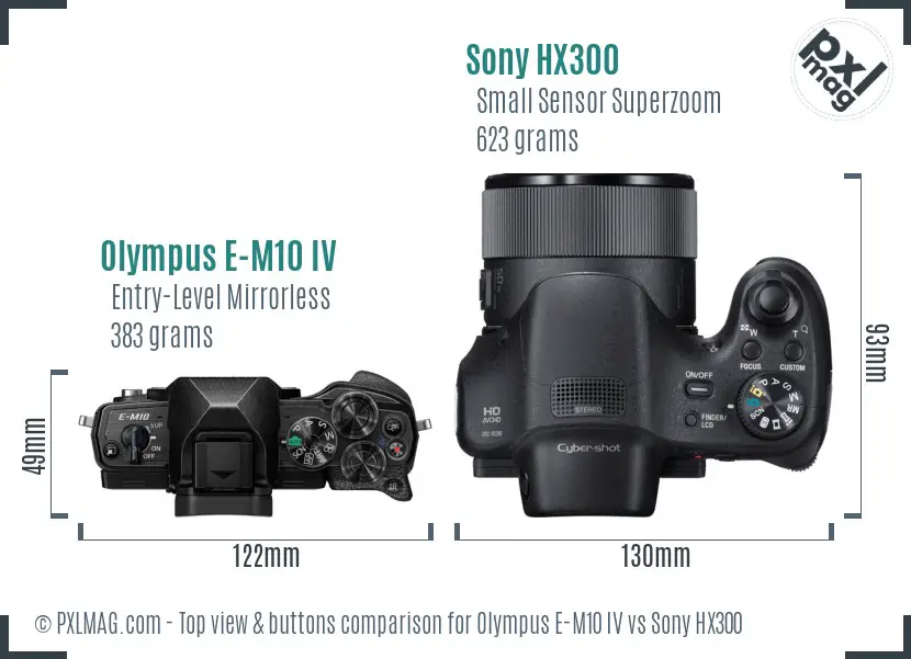 Olympus E-M10 IV vs Sony HX300 top view buttons comparison
