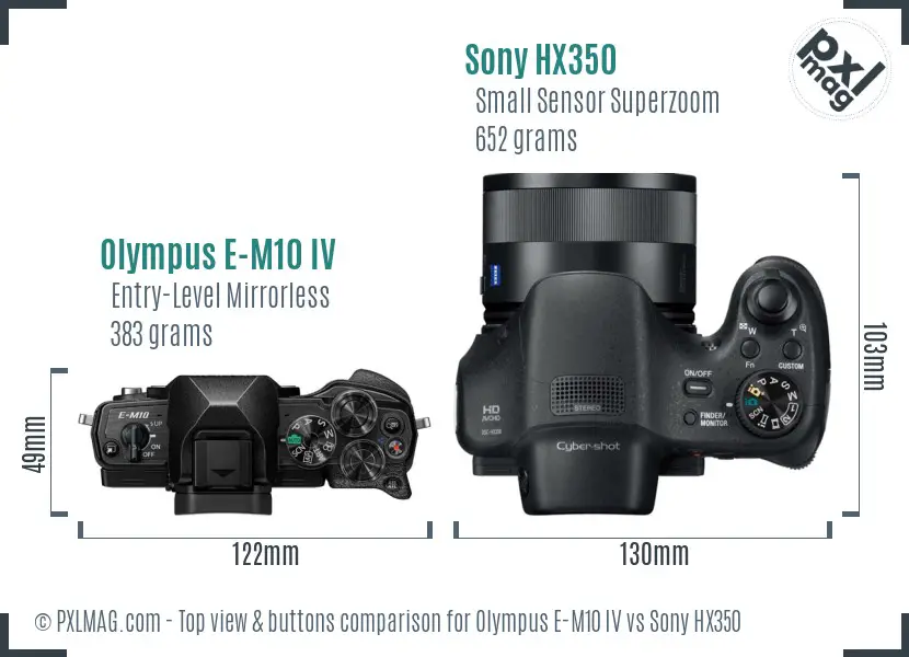 Olympus E-M10 IV vs Sony HX350 top view buttons comparison