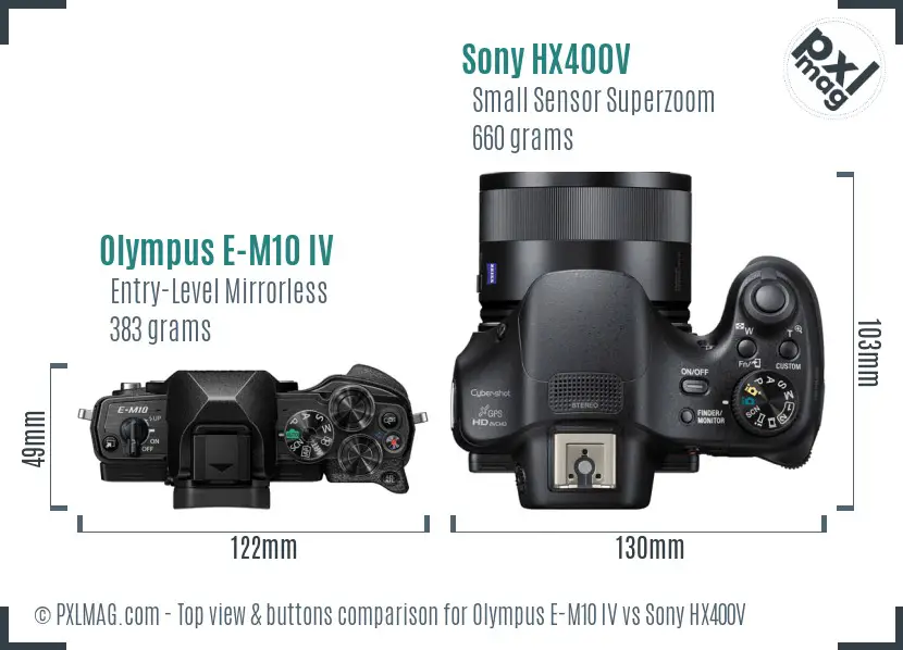 Olympus E-M10 IV vs Sony HX400V top view buttons comparison