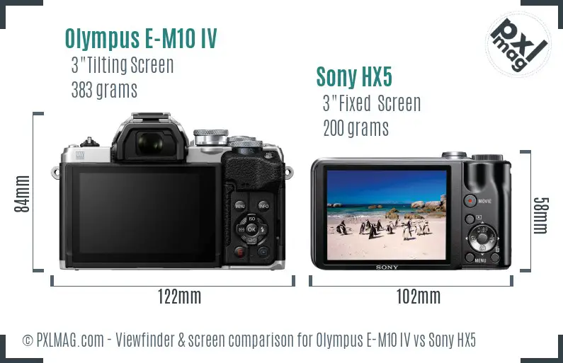 Olympus E-M10 IV vs Sony HX5 Screen and Viewfinder comparison