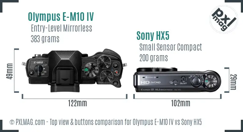 Olympus E-M10 IV vs Sony HX5 top view buttons comparison