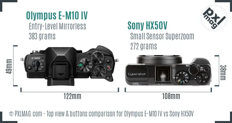 Olympus E-M10 IV vs Sony HX50V top view buttons comparison
