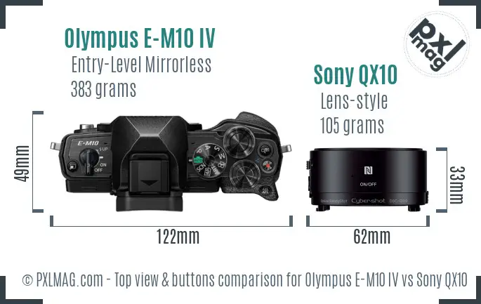 Olympus E-M10 IV vs Sony QX10 top view buttons comparison