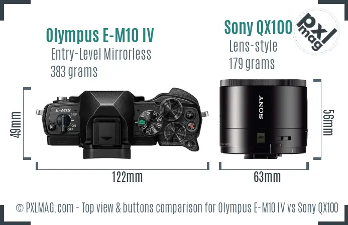 Olympus E-M10 IV vs Sony QX100 top view buttons comparison