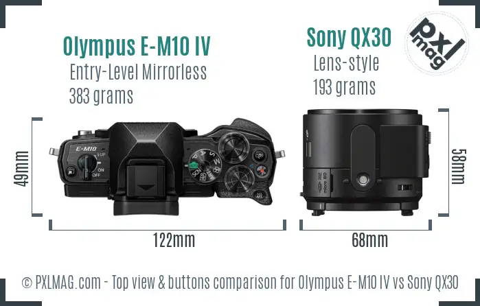 Olympus E-M10 IV vs Sony QX30 top view buttons comparison