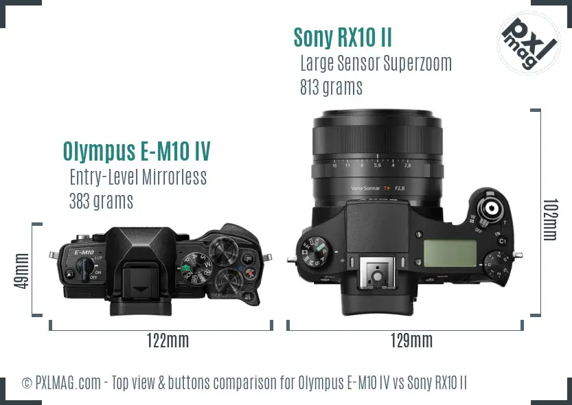 Olympus E-M10 IV vs Sony RX10 II top view buttons comparison