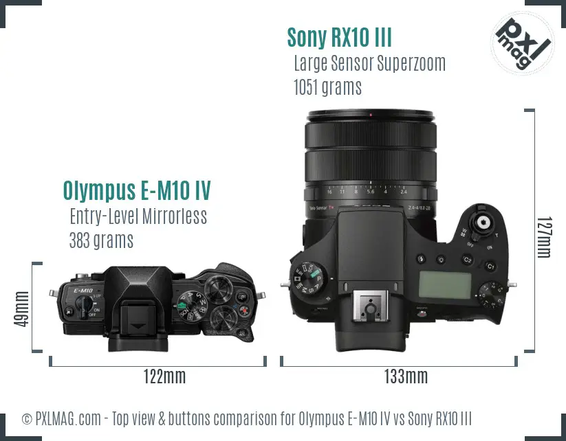 Olympus E-M10 IV vs Sony RX10 III top view buttons comparison