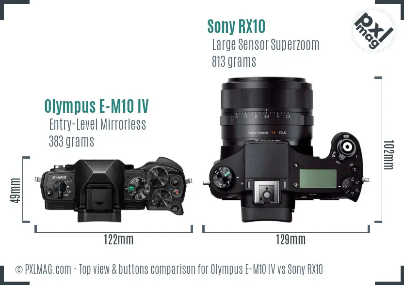 Olympus E-M10 IV vs Sony RX10 top view buttons comparison