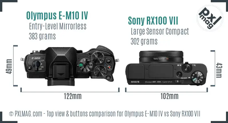 Olympus E-M10 IV vs Sony RX100 VII top view buttons comparison Olympus E-M10 IV vs Sony RX100 VII top view buttons comparison
