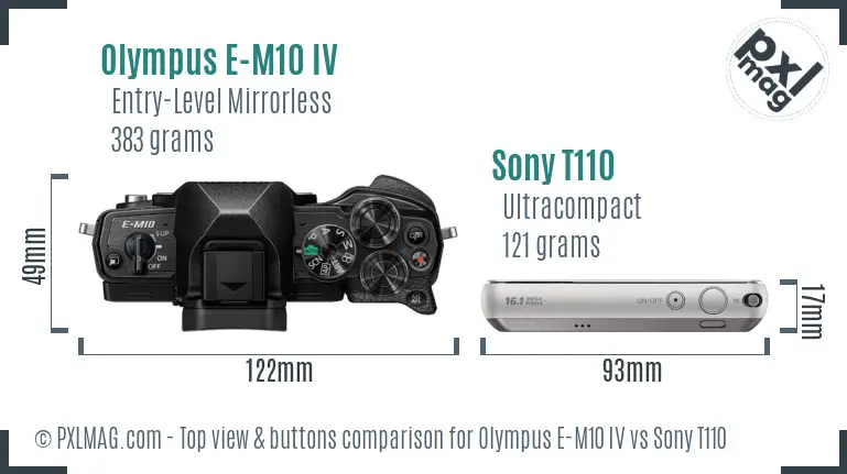 Olympus E-M10 IV vs Sony T110 top view buttons comparison